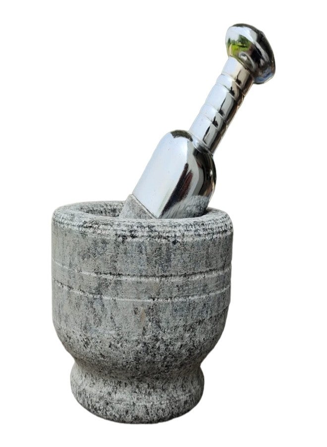 EZAHK SS Handle Mortar and Stainless Handle Pestle Set Stone | Ginger Garlic Crusher for Kitchen Unpolished Heavy Stone Material | Best Masher Kitchen Tool | okhli and musal (4.5INCH) - Image 1